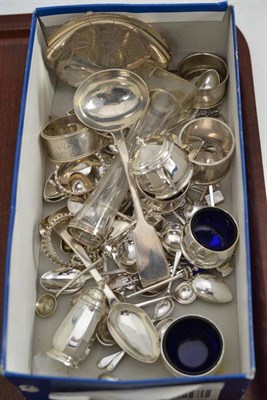 Lot 178 - Silver condiments, napkin rings, silver and plated souvenir teaspoons, Victorian silver ladle etc