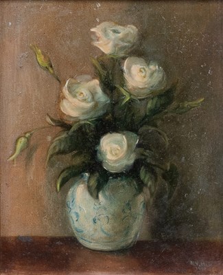 Lot 1042 - H V Hair (20th Century) White roses in a vase...