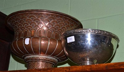 Lot 183 - A large copper footed planter and plated bowl