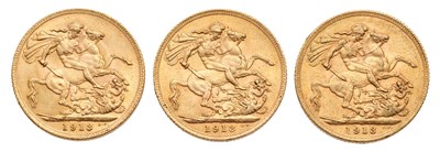 Lot 212 - 3x George V, Sovereigns, all 1913; all near...