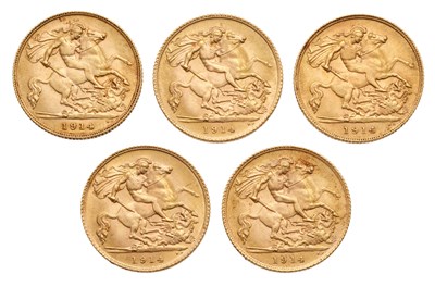 Lot 215 - 5x George V, Sovereigns, all 1914; grading...