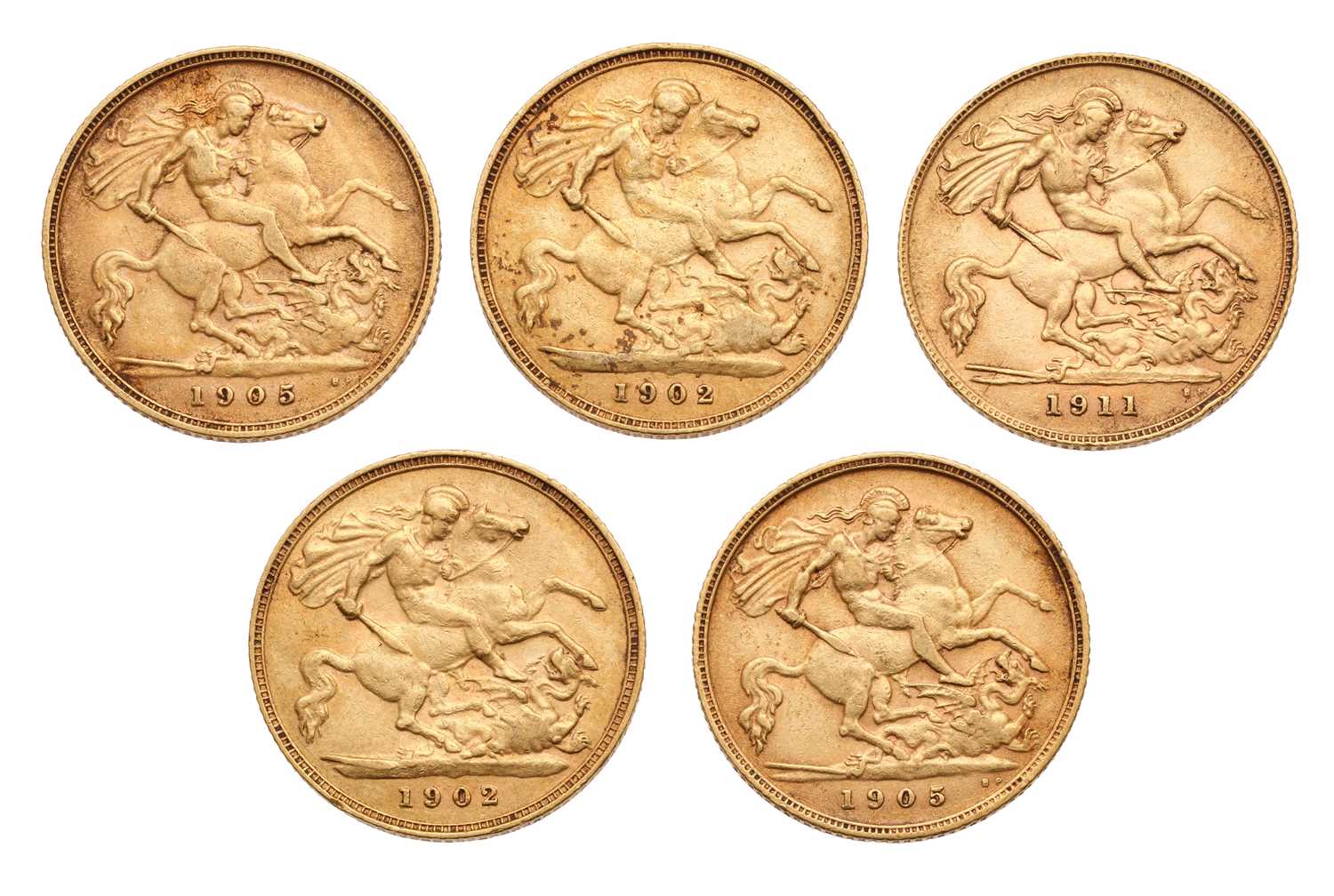 Lot 192 - 5x Half Sovereigns; comprising, Edward VII,...