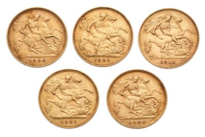 Lot 192 - 5x Half Sovereigns; comprising, Edward VII,...