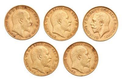 Lot 192 - 5x Half Sovereigns; comprising, Edward VII,...