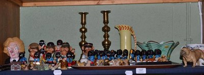 Lot 197 - A collection of ceramics, Goss crested tyg, brass candlesticks, Robertson's gollies, quantity...