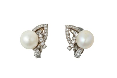 Lot 2325 - A Pair of Cultured Pearl and Diamond Earrings...