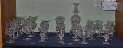 Lot 199 - Part suite of cut glassware etched with a thistle and a similar decanter and stopper