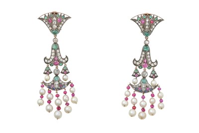 Lot 2275 - A Pair of Multi-Gem Set Earrings a fan motif...