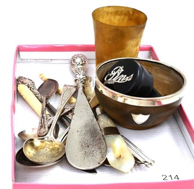 Lot 214 - Quantity of assorted silver, Georgian spoons, horn beakers, flask etc