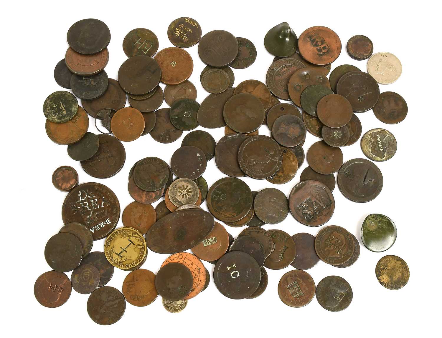 Lot 90 - Assorted Countermarked and Tooled Copper Coins,...