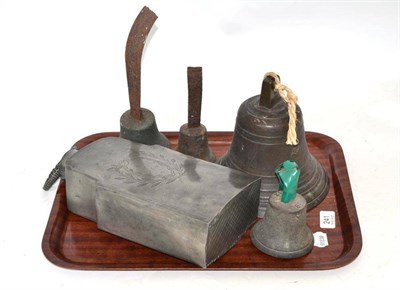 Lot 241 - Large shaped pewter flagon and stopper, inscribed and date 1873, large cast bronze bell and...