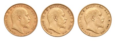 Lot 181 - 3x Edward VII, Sovereigns, 1903, 1909 and 1907;...