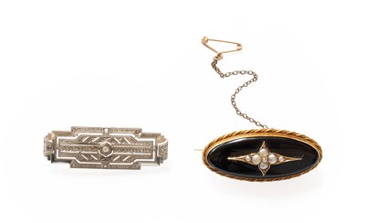 Lot 308 - A Split Pearl, Diamond and Jet Mourning Brooch,...