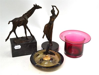 Lot 250 - A bronze after Chiparus of an Art Deco dancer, another after Milo, a Whitefriars pen stand and 'top