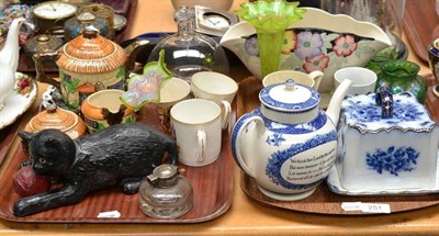 Lot 251 - Maling bowl, pair of blue and white candlesticks, coloured glassware, wasp catchers, cheese...