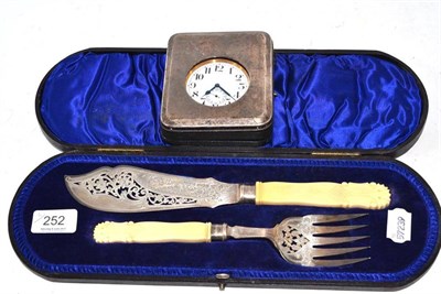 Lot 252 - Pair of cased silver fish servers and silver mounted pocket watch case with watch (2)