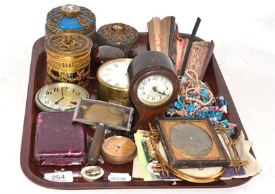 Lot 254 - Tray of assorted collectable items including pocket watch, gilt metal mounted blue glass...