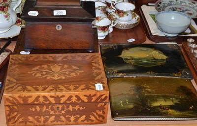 Lot 255 - Rosewood hinged jewellery box, tea caddy, inlaid box and two papier mache blotters with painted...