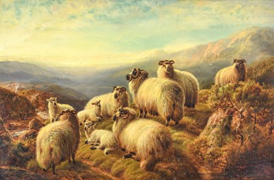 Lot 1056 - Robert Watson (1865-1916) Sheep and lambs on a...