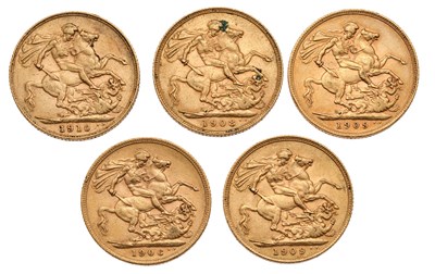 Lot 183 - 5x Edward VII, Sovereigns, 1906, 1908, (2x)...