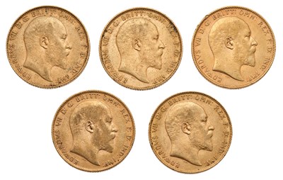 Lot 183 - 5x Edward VII, Sovereigns, 1906, 1908, (2x)...