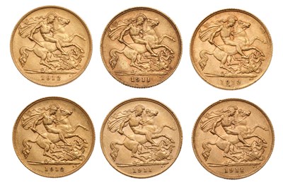 Lot 223 - 6x George V, Half Sovereigns, (3x)1911,...