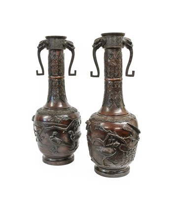 Lot 112 - A Pair of Japanese Bronze Bottle Vases,...