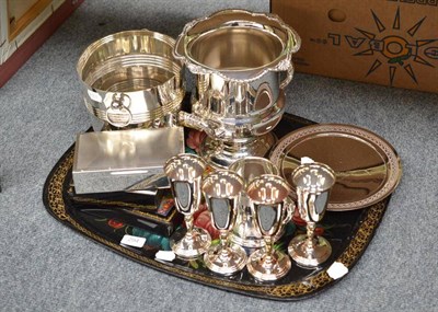 Lot 294 - Plated wine cooler, ice bucket, plated tankard, goblets, hinged boxes, comport, silver...