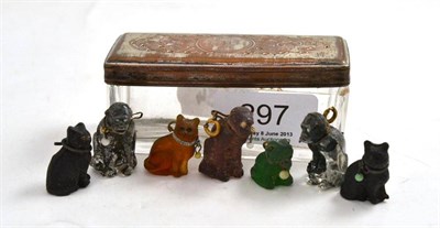 Lot 297 - Miniature glass animals in a cut glass toilet jar with plated lid (7)