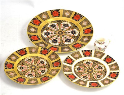 Lot 309 - Three Royal Crown Derby Imari plates and a Copeland and Garrett miniature jug