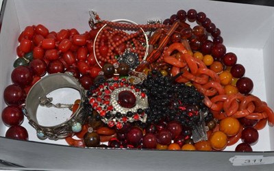 Lot 311 - Box of amber beads and costume jewellery