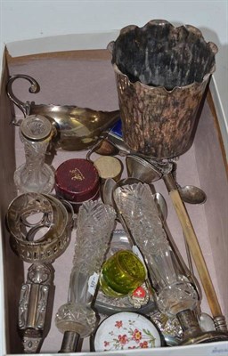 Lot 313 - A small quantity of silver including teaspoons, sugar tongs, napkin rings, cut glass spill...