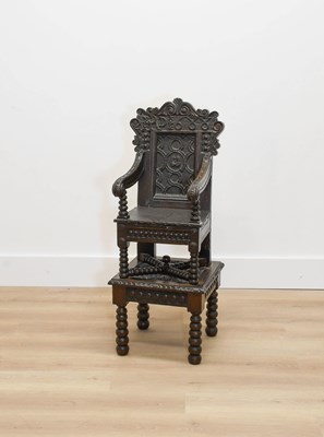Lot 349 - A Joined Oak Carved Child's Highchair on Stand,...