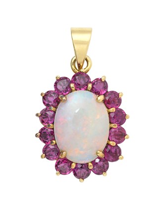 Lot 2271 - An Opal and Ruby Pendant the oval cabochon...