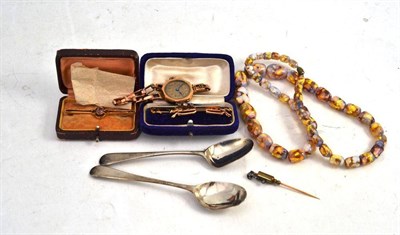 Lot 346 - Three brooches, watch and necklace