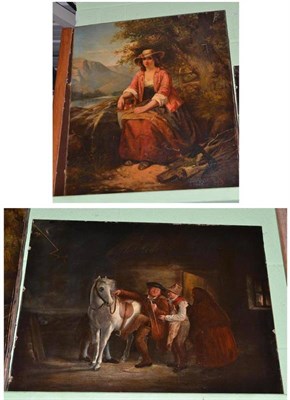 Lot 362 - Large 19th century oil on canvas of a lady seated by a lake and another, figures on a horse