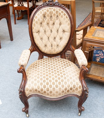 Lot 1365 - A Victorian Carved Walnut Button Backed Open...