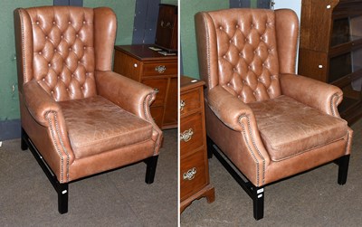 Lot 1469 - A Pair of George III Style Leather Wingchairs,...