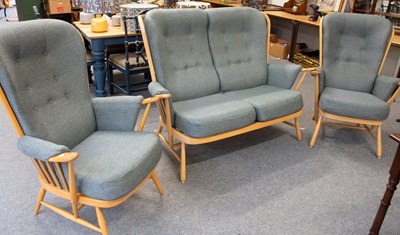 Lot 1341 - Ercol Evergreen Three Piece Light Elm Suite in...
