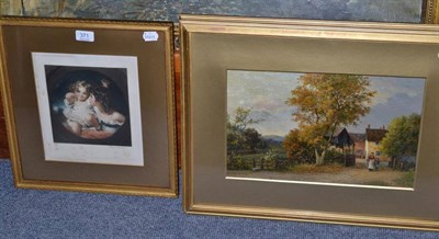 Lot 371 - Pair of framed oils, figures by a Country cottage signed F.R Offer; and a coloured mezzotint