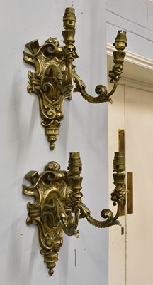 Lot 173 - A Pair of Twin Light Brass Wall Sconces, 33cm