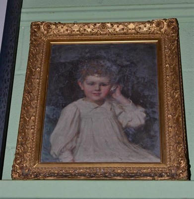 Lot 387 - Oil portrait small boy and shell signed AR 1896