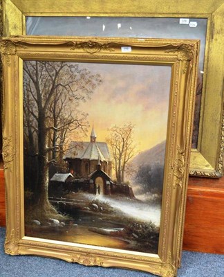 Lot 392 - A pair of Continental oils on canvas 'Summer and Winter', signed to lower left, with original...