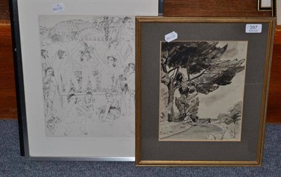 Lot 397 - Matthew Spender, two framed etchings including 'The Preparation of a Bride'; and pen and ink sketch