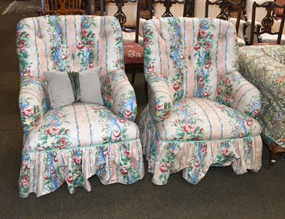 Lot 1431 - A Pair of Buttoned Cottage Armchairs, with...