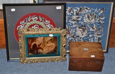 Lot 406 - Woolwork panel, beadwork panel, rosewood jewellery box and crystoleum (4)