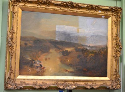 Lot 410 - Large oil painting attributed to Charles Bentley, river landscape with cattle in ornate gilded...