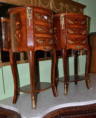 Lot 436 - Pair of French side tables with three drawers and shelf below