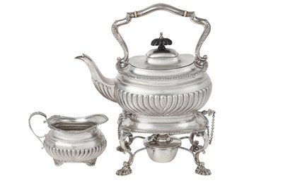 Lot A George V Silver Kettle, Stand and Lamp, and a Cream-Jug