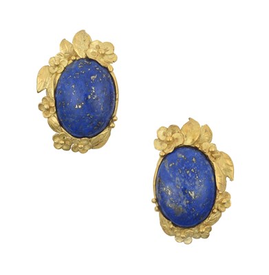 Lot 2276 - A Pair of Lapis Lazuli Earrings the oval...